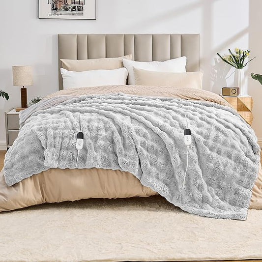 Heated Blanket Electric Throw Blanket 84''X 90''-Heating Blanket with 6 Heat Settings-4/10 Hours Auto Off,Cozy Faux Rabbit Fur Bubble Electric Blanket,Light Gray