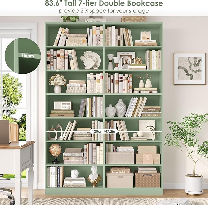 83.6" Tall Bookshelf and Bookcase, 7-Tier Extra Large Bookshelf with Double Storage, 14 Open Display Shelves for Home Office, Study and Living Room, Green