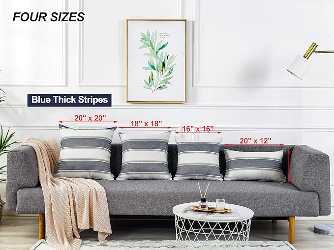 AmHoo Pack of 2 Farmhouse Linen Throw Pillow Cover Cushion Stripe Decoration Buffalo Retro Pillowcase with Hidden Zipper for Sofa Bedroom Car 20 x 20 Inch Blue