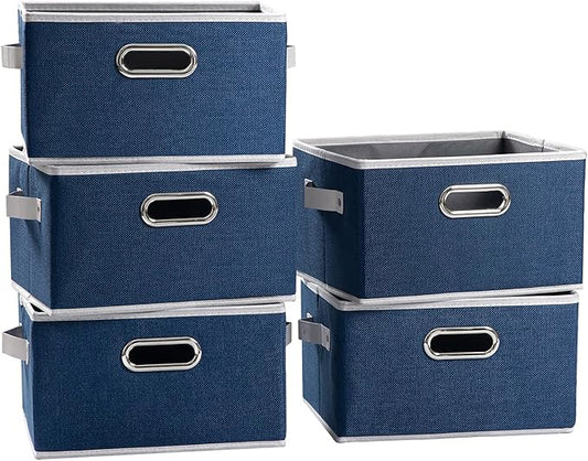 PRANDOM Large Collapsible Storage Baskets for Closet [5-pack] Decorative Fabric Storage Bins Cubes with Leather/Metal Handles for Shelves Bedroom Living Room Royal Blue (14.9x9.8x8.3 Inch)