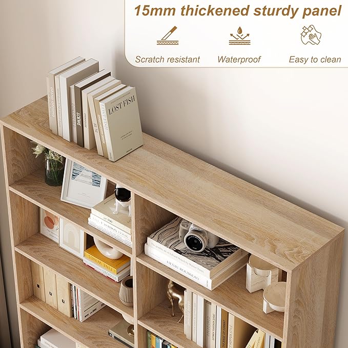 Bookshelf and Bookcase, 6-Tier Double Wide Bookshelfs,Freestanding Display Storage Shelves, Tall Bookcases for Home Decor Bedroom, Living Room, Home Office, Light Oak