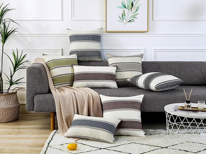 AmHoo Pack of 2 Farmhouse Linen Throw Pillow Cover Cushion Stripe Decoration Buffalo Retro Pillowcase with Hidden Zipper for Sofa Bedroom Car 12 x 20 Inch Brown