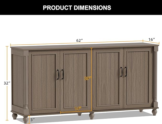 Scurrty 62'' Coffee Bar Cabinet Kitchen with Storage, Buffet Cabinet with Storage, Sideboard Buffet for Dinning Room, Kitchen & Living Room (4 Doors, Brown)