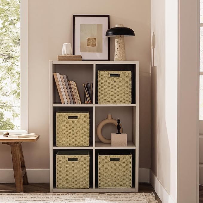 UBBCARE 4 Pack Wicker Basket, 11L×11H×10.5W inch Woven Paper Rope Storage Baskets for shelves, Foldable Cube Storage bin with Handle, Storage Basket for Organizing &amp; Decor, Natural