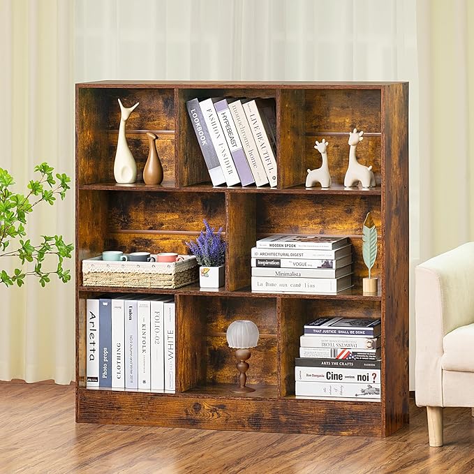 LEYAOYAO 8 Cube Bookshelf with Base,3 Tier Mid-Century Modern Brown Bookcase,Standing Wide Bookshelfs Storage Organizer Shelf,Rustic Wood Display Cabinet Book Shelves for Bedroom,Living Room,Office