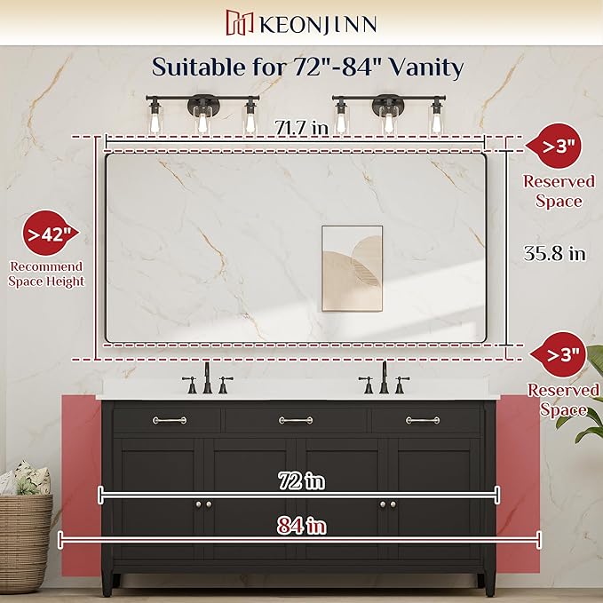 Keonjinn Brushed Gold Bathroom Mirror 72” x 36” Large Gold Bathroom Vanity Mirrors, Oversized Rounded Rectangle Mirror with Shatterproof HD Tempered Glass, Aluminum Alloy Frame(Horizontal/Vertical)