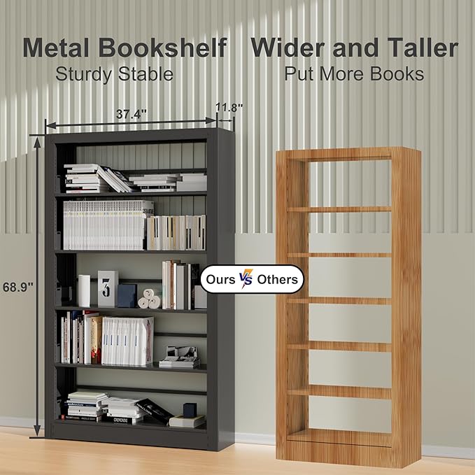 69" Tall Heavy-Duty Bookshelf, 5-Tier Metal Bookshelf with Adjustable Shelves, Open Shelf Bookcase, Tall Bookshelfs for Home Office, Library, Bedroom, Including Book Stopper