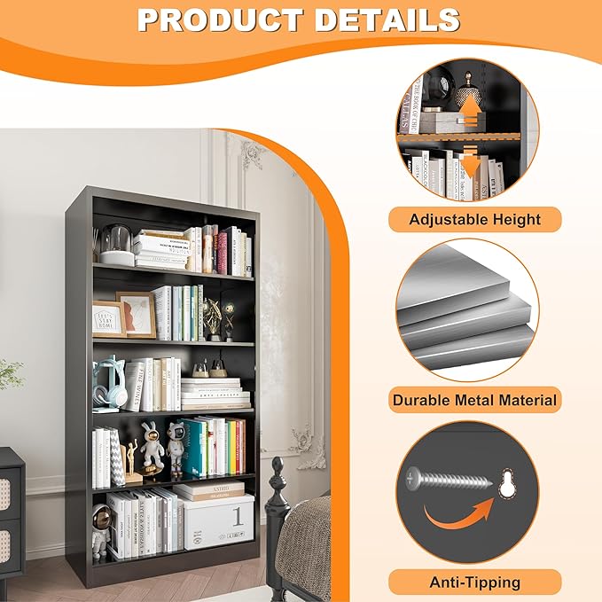 66" Tall Metal Bookcase, 5 Shelf Black Bookcase with Adjustable Shelves, Large Bookshelfs and Bookcases, Modern Book Shelf Storage Organizer for Living Room, Home Office, Library (Black)