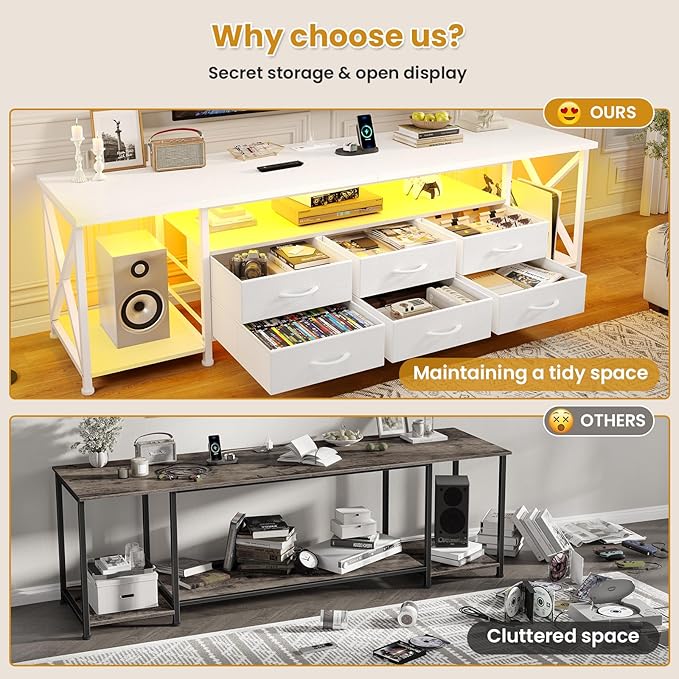 BTHFST TV Stand with LED Lights & Power Outlets, for TVs up to 85 Inches, 6 Fabric Drawers Entertainment Center with Open Storage Shelves, 71" TV Media Console Table for Living Room, Bedroom, White