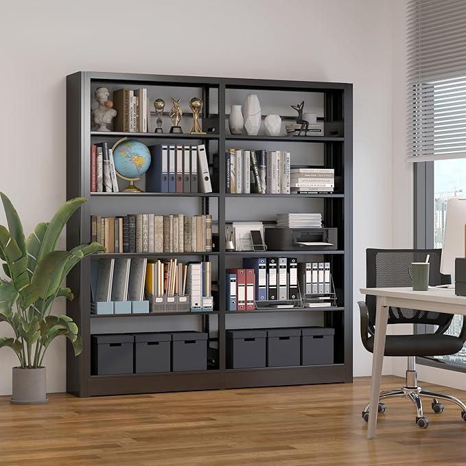 5-Tier Bookshelf, Black Bookcase with Adjustable Storage Shelves, Freestanding Bookcases and Bookshelfs, Wide Bookshelf for Home Office, Living Room, Bed Room, Including Book Stopper (Black)