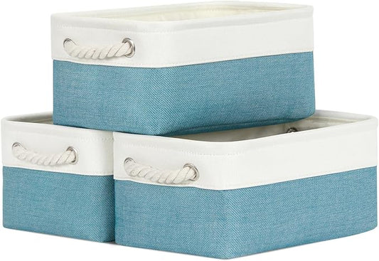 Bidtakay Small Storage Baskets for Shelves 3 Pack Fabric Storage Bins for Organizing Linen Collapsible Organizer for Closet-White&amp;Teal