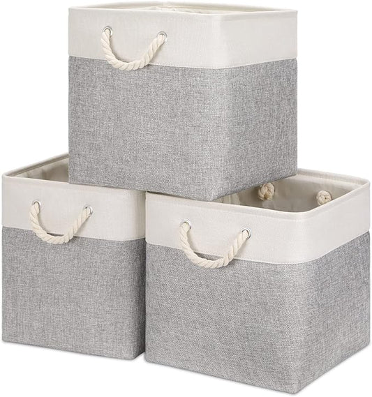 Bidtakay Fabric Basket Set - Large Square Organizer Bins, 13x13, Set of 3, White &amp; Gray