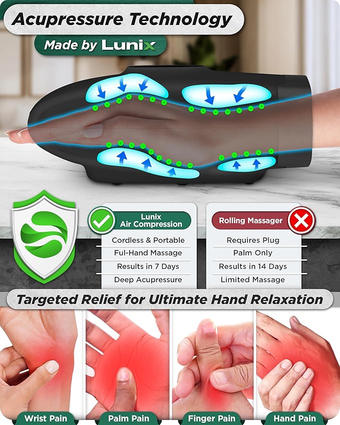 Lunix LX7 Electric Hand Massager with Compression, Pressure Point Therapy for Arthritis, Pain Relief and Carpal Tunnel, Shiatsu Massage Machine with Heat, with Hand Warmer, Black