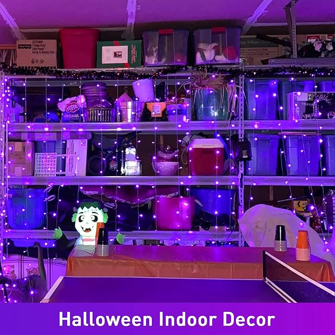 JMEXSUSS 300LED Purple Halloween Lights with Remote, Curtain Hanging Light Plug in, 8 Modes Purple String Lights for Bedroom Window Wall Party Backdrop Christmas Halloween Decorations