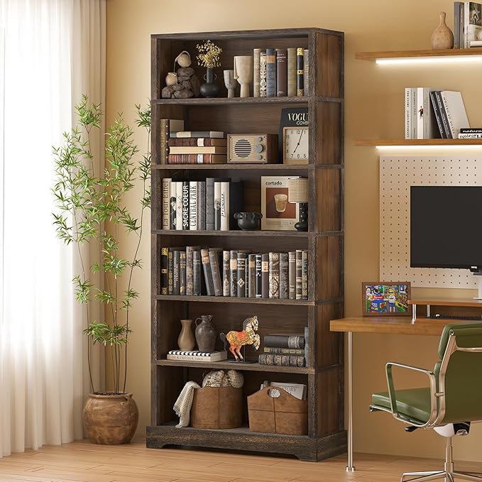 TVU 5-Shelf Wood Bookcase, 65 Inch Tall Bookshelf with Storage, Floor Standing Display Book Shelf，for Living Room Bedroom Study Office (Rustic Brown, 6 Tier)