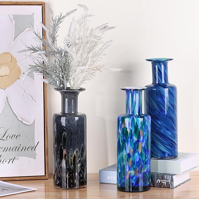 LCCCK 13" Tall Glass Vase Pretty Hand Blown Glass Vase, Unique Colorful Flower Vases for Bouquet, Modern Sea Art Decorative Vase for Home Living Room Kitchen Bathroom Dining Table Centerpieces
