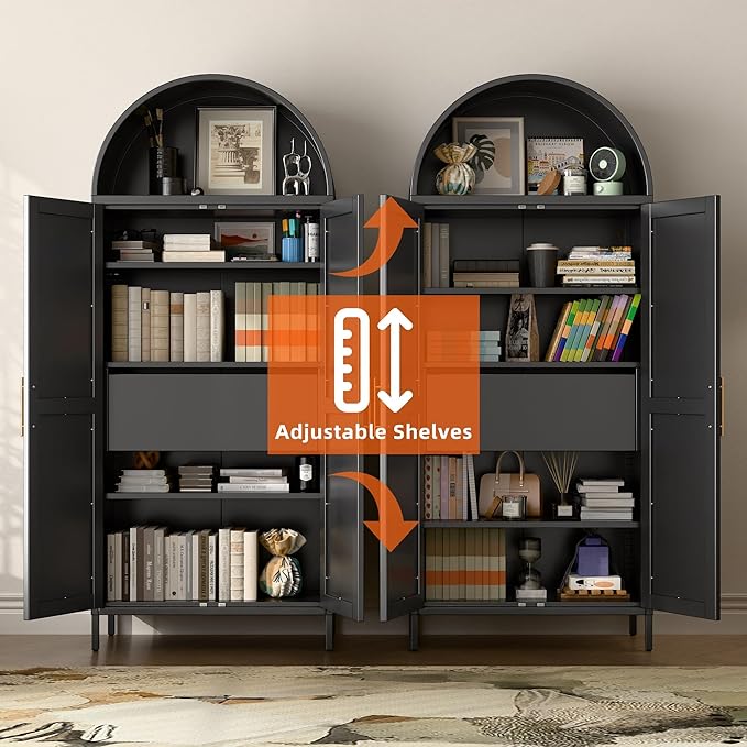 73'' Tall Metal Arched Cabinet, Modern Black Arch Bookshelf Display Cabinet with Doors/Shelves/Internal Drawers for Home Office Kitchen Bar Living Room