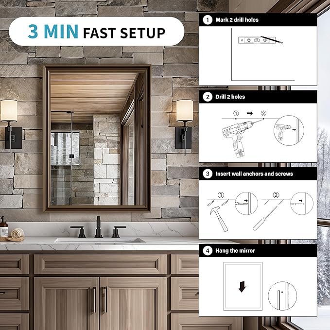 Retro Copper Effect Framed Wall Mirror, 22x30 Rectangle Mirror, 1/8"Anti-desilvering Tempered Glass, Sustainable&amp;Sturdy Frame, Anti-Rust, HD Reflection &amp;3min Fast Setup for Bathroom Living Room