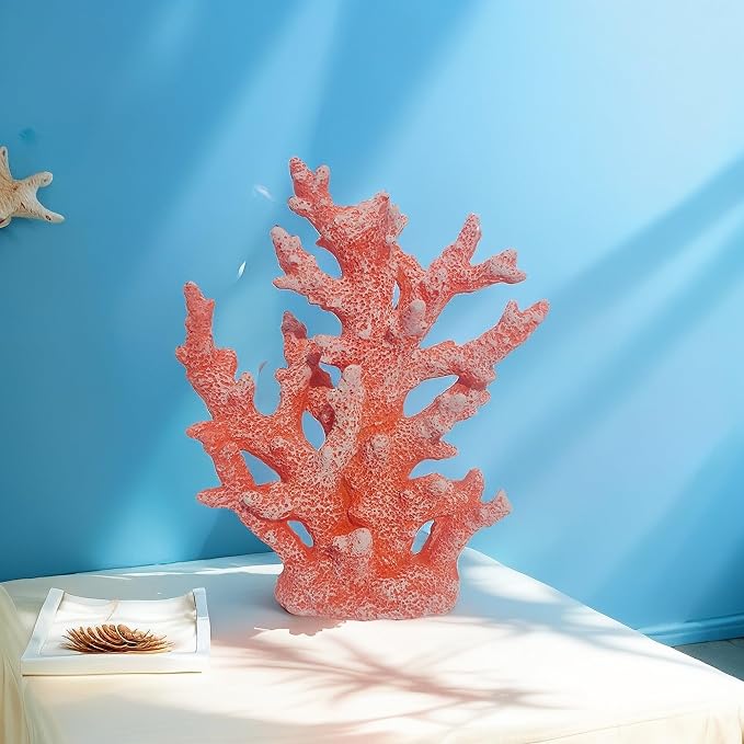 Beach Coastal Decor Coral Reef Home Decor Statue Sculpture Home,Desk,Bathroom,Desktop Shelf Statue,Marine Themed Gifts (Red Orange Coral)