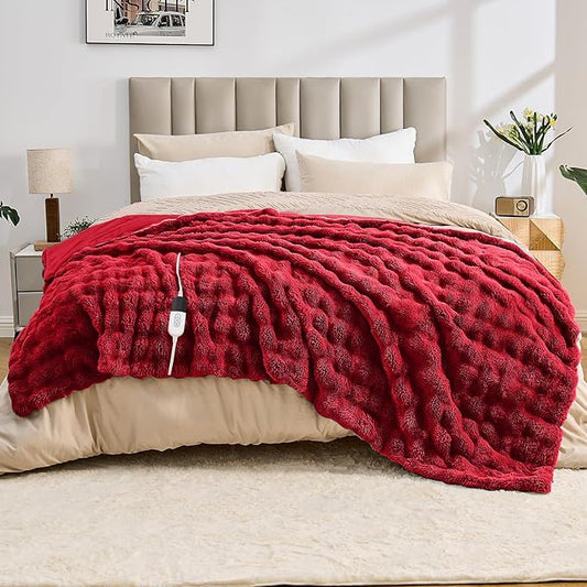 Heated Blanket Electric Throw Blanket 62''X 84''-Heating Blanket with 6 Heat Settings-4/10 Hours Auto Off,Cozy Faux Rabbit Fur Bubble Electric Blanket,Red