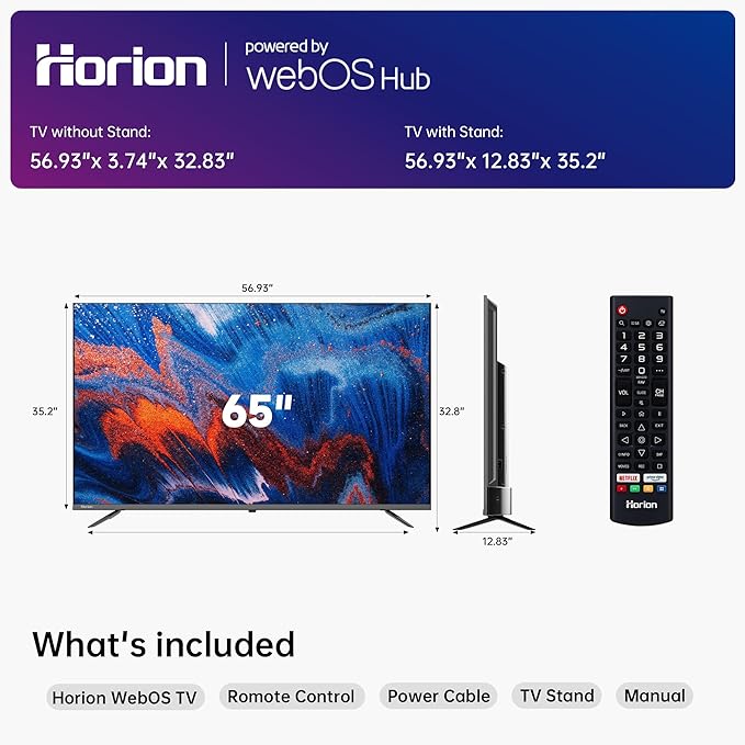 HORION 65 Inch Smart TV, 4K UHD LED TV with WebOS 22, Ultra Slim Television with Mega Contrast, HDR10, Dolby Audio, Streaming Live, Compatible with Miracast and Airplay (P6D Series, 2025)