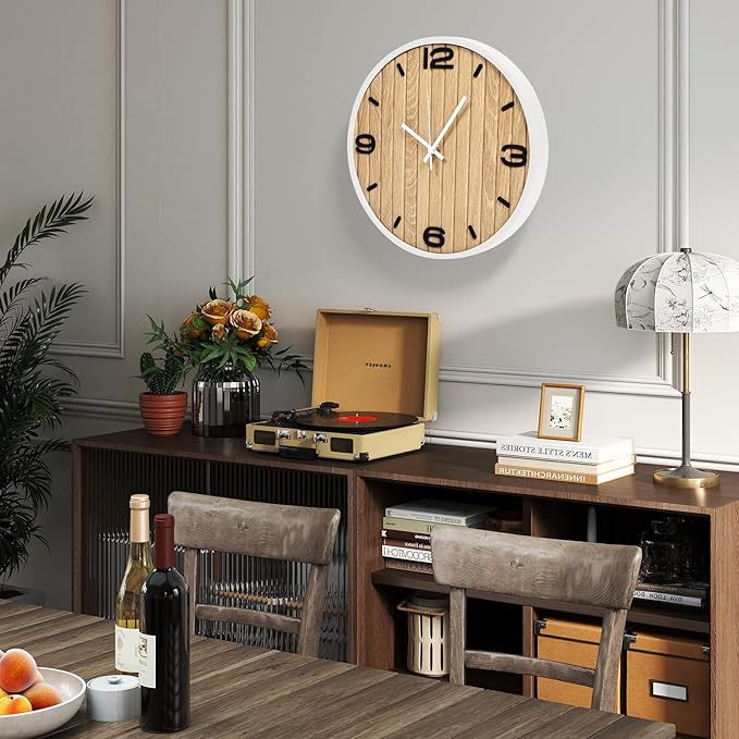 12 Inches Wooden Analog Wall Clock Battery Operated, Modern Silent Non-Ticking Decorative White Clocks for Office, Living Room, Bathroom, Kitchen, Bedroom