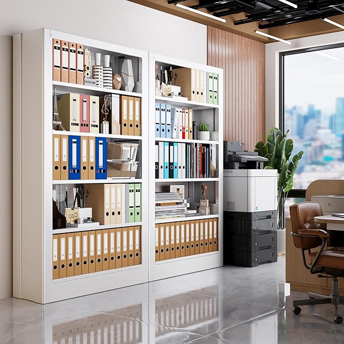 Bookshelf, 5-Tier Metal Sturdy Bookcase,71" H Tall White Bookcase with Adjustable Shelves, Heavy Duty Storage Bookshelfs and Bookcases for Living Room, Library, School, Study, Home Office