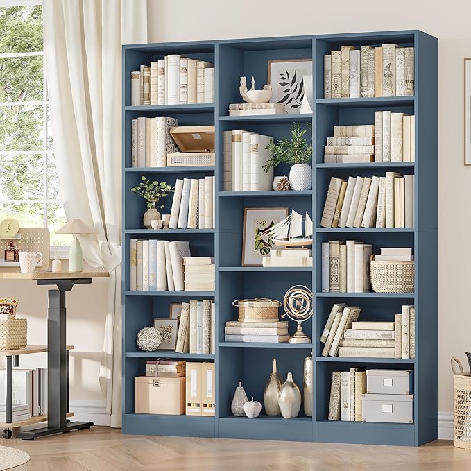 Triple Wide Bookshelf, 6 Tier Large Bookshelf, Bookcase with 17 Open Display Shelves, 74'' Tall Bookcases and Bookshelfs for Living Room, Home Office, Library, Blue