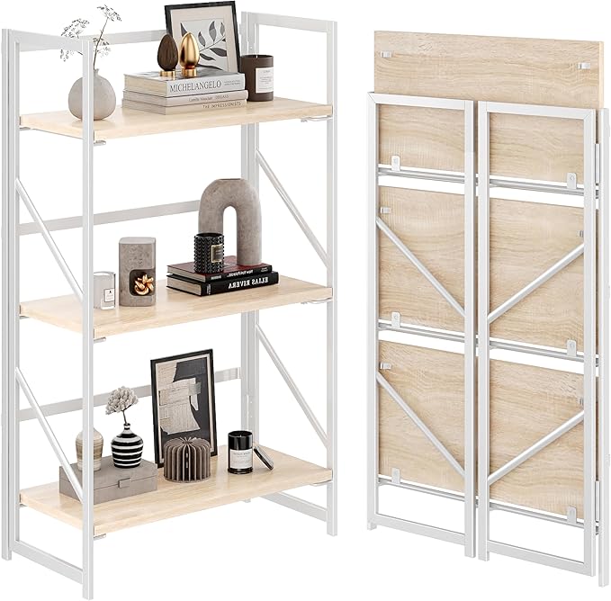 JSB No Assembly Folding Bookshelf, 3 Tier Industrial Metal Book Shelf for Storage, Vintage Wood Foldable Bookcase for Living Room, Bedroom, Office Organization Shelves