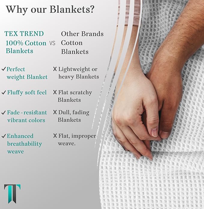 Tex Trend White Waffle Blankets – 100% Cotton Blankets Queen Size – Breathable and Soft for Summer Spring – Suitable for Bed Layering, Sofa and Couch (90”x90”)