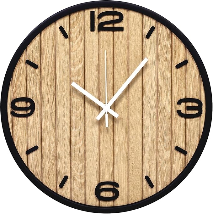 12 Inch Wooden Round Wall Clock Battery Operated, Silent Non-Ticking Analog Clocks with Seconds Hand Modern Art Decorative for Office, Home, Living Room, Kitchen, Bedroom, Entryway