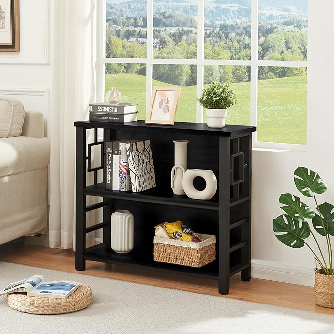 HOMISSUE Book Shelf, 3 Tier Deep Bookshelf with Storage, Engineered Wood and Metal Shelf Bookcase, Low Short Bookcases for Small Space, Living Room, Bedroom, Office, Black