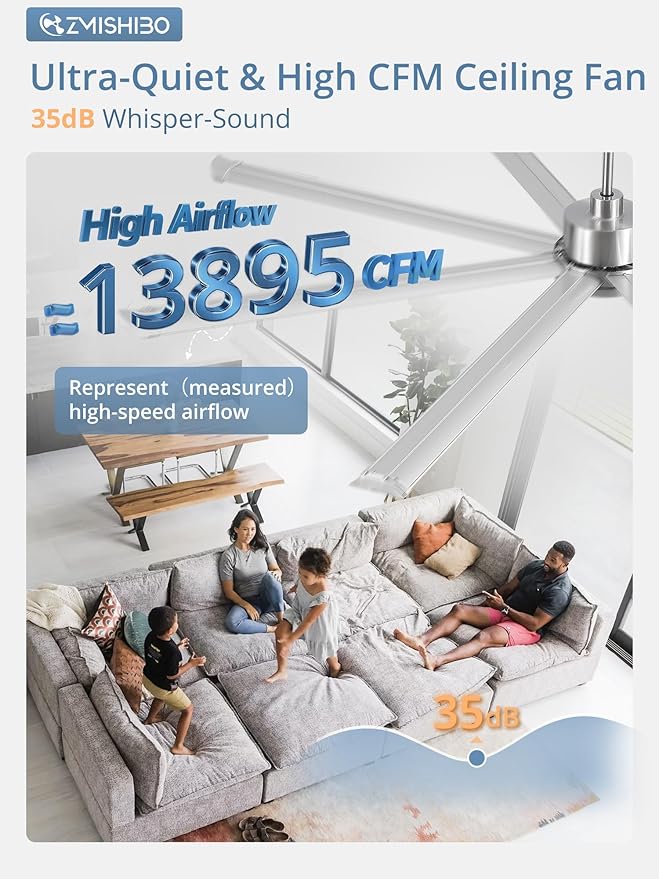 ZMISHIBO 96 Inch Ceiling Fans with Lights, Large Indoor/Outdoor Industrial Ceiling Fan with 8 Aluminum Reversible Blades, Quiet DC Motor, 3CCT&6-Speed Remote Control, Damp Rated for Gazebo/Living Room