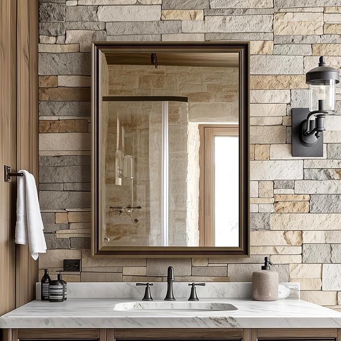 Retro Copper Effect Framed Wall Mirror, 22x30 Rectangle Mirror, 1/8"Anti-desilvering Tempered Glass, Sustainable&amp;Sturdy Frame, Anti-Rust, HD Reflection &amp;3min Fast Setup for Bathroom Living Room