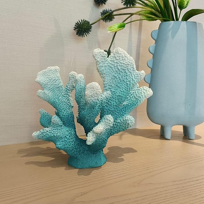 Accessoryway Turquoise Shades Artificial Beach Coral Coastal Decor Resin Coral Statue Nautical Decorations Hawaiian Beach Home Bedroom Party centerpieces for Tables-8.2"
