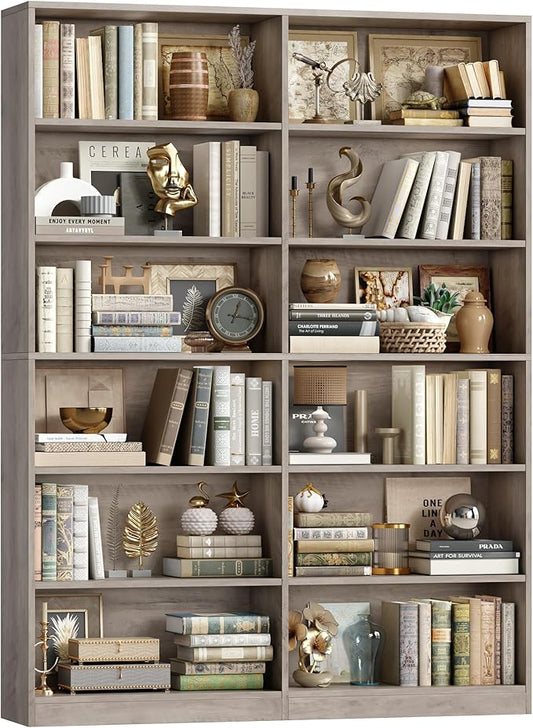 Bookshelf and Bookcase, 6-Tier Double Wide Bookshelfs, Freestanding Display Storage Shelves, Tall Bookcases for Home Decor Bedroom, Living Room, Home Office, Wash Gray