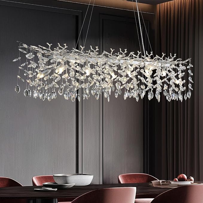 YUYI Modern Crystal Chandelier, 47" Silver Tree Branch Chandelier, 14-Light Luxury Rectangular Raindrop Chandeliers for Dining Room, Kitchen Island, Living Room, Contemporary K9 Crystal Light Fixture