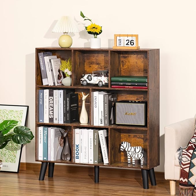 LEYAOYAO 8 Cube Bookshelf,3 Tier Bookcase with Legs,Rustic Brown Mid-Century Modern Bookshelfs,Large Open Storage Organizer Shelf, Wooden Book Case
