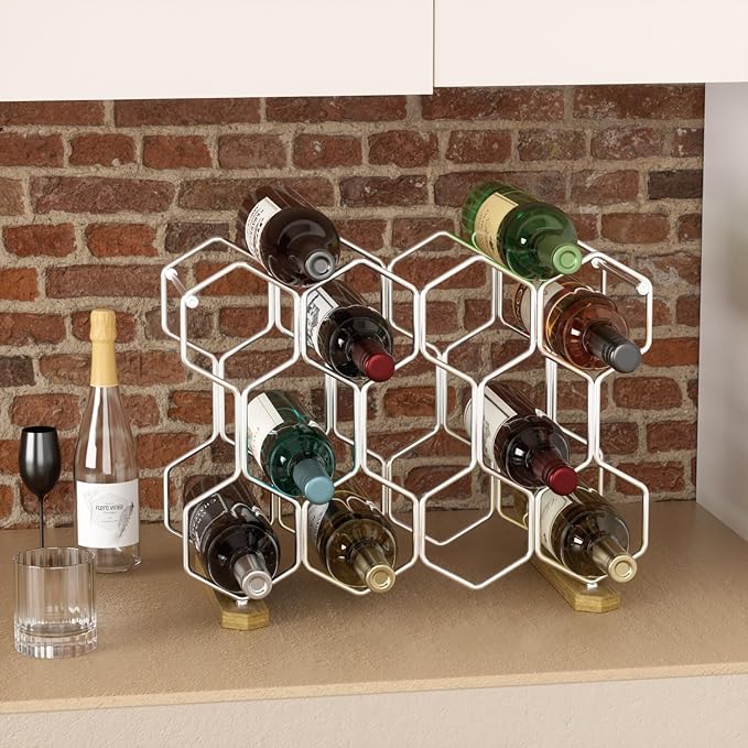 Buruis Countertop Wine Rack with Acacia Base, 14-Bottle Modern Freestanding Metal Holder for Red and White Wine, Tabletop, Kitchen, Bar, and Cabinet Storage (Chrome)