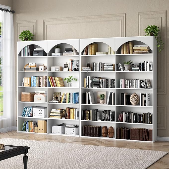 70.8'' Tall Bookshelf and Bookcase of 2 pcs, 7-Tier Double Wide Bookcase Modern Large Open Display Shelves with Curved Baffle for Home Office Living Room (White-2pcs)