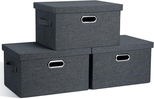 Medium 15" 21 Quart Collapsible Stackable Storage Bins with Lids, 3 Packs Dark Gray Foldable Fabric Closet Boxes Heavy-duty Linen Cube Baskets Container for Bedroom Office (15 x 11 x 8)