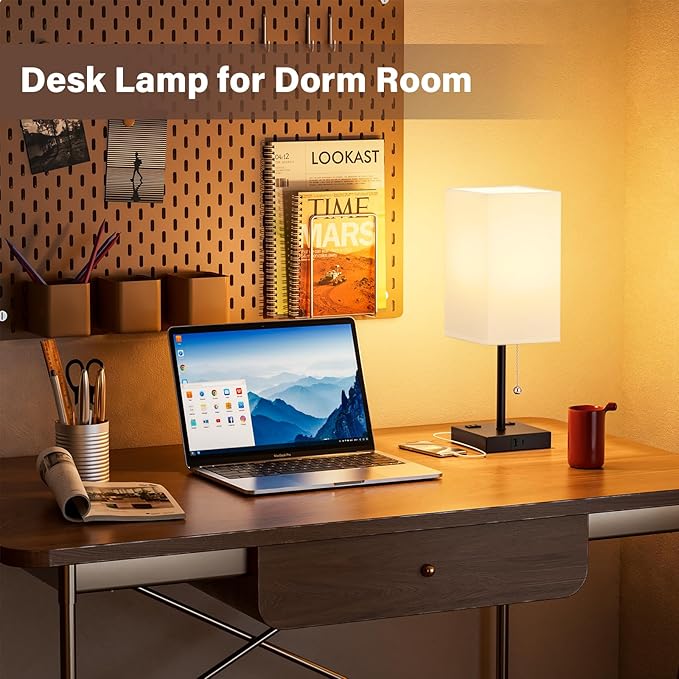 17.4In Tall Table Lamps for Bedroom Set of 2 - 3 Color Bedside Lamps with AC Outlets and USB Ports for Charging, white and Black Square Night Stand light, End DeskLamp for Living Room/Dorm/Office