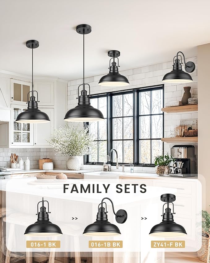 zeyu 1-Light Industrial Pendant Light, 11-Inch Pendant Light Fixture for Kitchen Island, Metal Dome Lampshade in Matte Black Finish, 016-1 BK