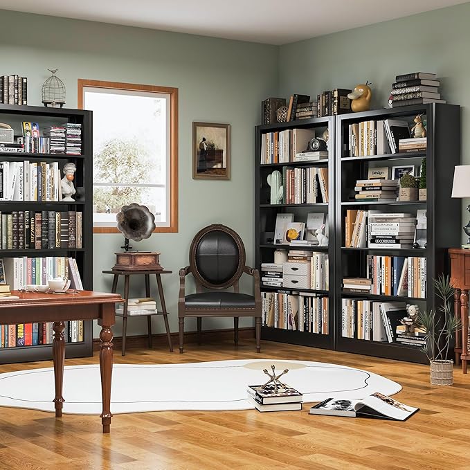 69" Tall Wide-Column Bookshelf,5-Tier Sturdy Bookcase with Adjustable Shelves,Heavy Duty Strong Metal Bookshelf,Black Bookcase with 6 Shelves for Home Office, Living Room, Bedroom, Library (Black)