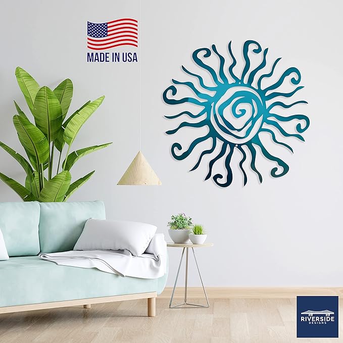 Riverside Designs Wacky Sun Metal Wall Art Indoor/Outdoor Decor - 36" Teal Rust Proof Wall Sculpture - Made in USA - Ideal for Bedroom, Garden, Home, Patio and Farmhouse
