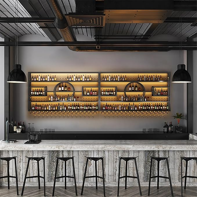 126in Large Wall Mounted Wine Rack, Modern Metal Wine Bottle and Glass Holder, 4-Tiers Liquor Bottles Floating Shelves Display Storage for Home Bar &amp; Dining Room Decorative (BLACK, 126 * 8 * 51INCH)