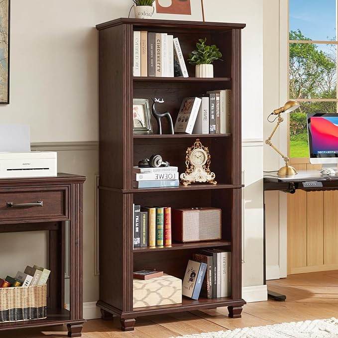 70" Tall Walnut Bookshelf,5 Tier Wooden Book Shelf with Adjustable Shelves &amp; Wood Legs,Free Standing Farmhouse Bookcase with Open Display Storage,Vintage Bookshelfs for Classroom, 2PCS