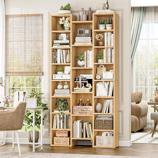 FOTOSOK 71'' Tall Bookshelf, Triple Wide Bookshelf with Adjustable Shelves, 8 Tier Media CD DVD Storage Rack, Diaplay Cabinet Shelf, Wooden Book Shelf DVD Storage Shelf for Home Office, Natural