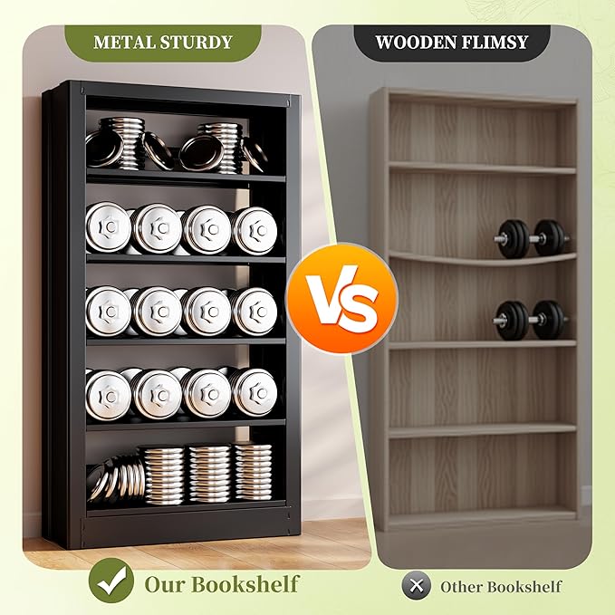 Bookshelf, 5-Tier Metal Sturdy Bookcase,71" H Tall Black Bookcase with Adjustable Shelves, Heavy Duty Storage Bookshelves and Bookcases for Living Room, Library, Home Office(Black, 73" W)