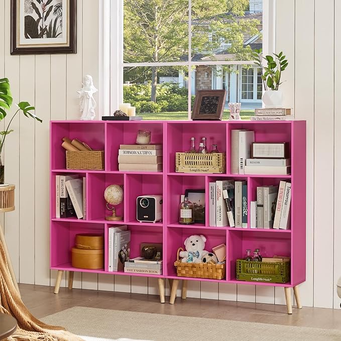 LEYAOYAO 7 Cube Bookshelf,3 Tier Book Shelf with Legs,Pink Modern Bookshelf,Large Freestanding Open Toy Modern Bookshelf,Display Bookcases Decor Furniture for Nursery